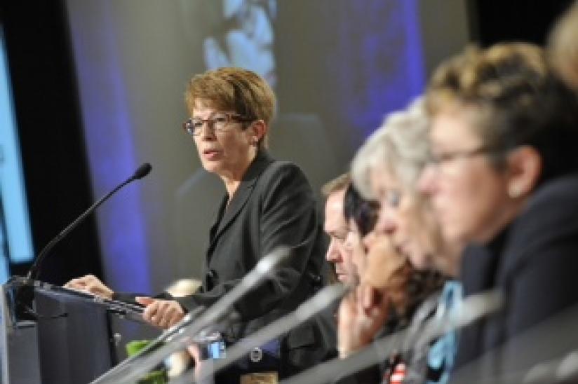 HEU Secretary-Business Manager Bonnie Pearson addresses delegates (November 21)