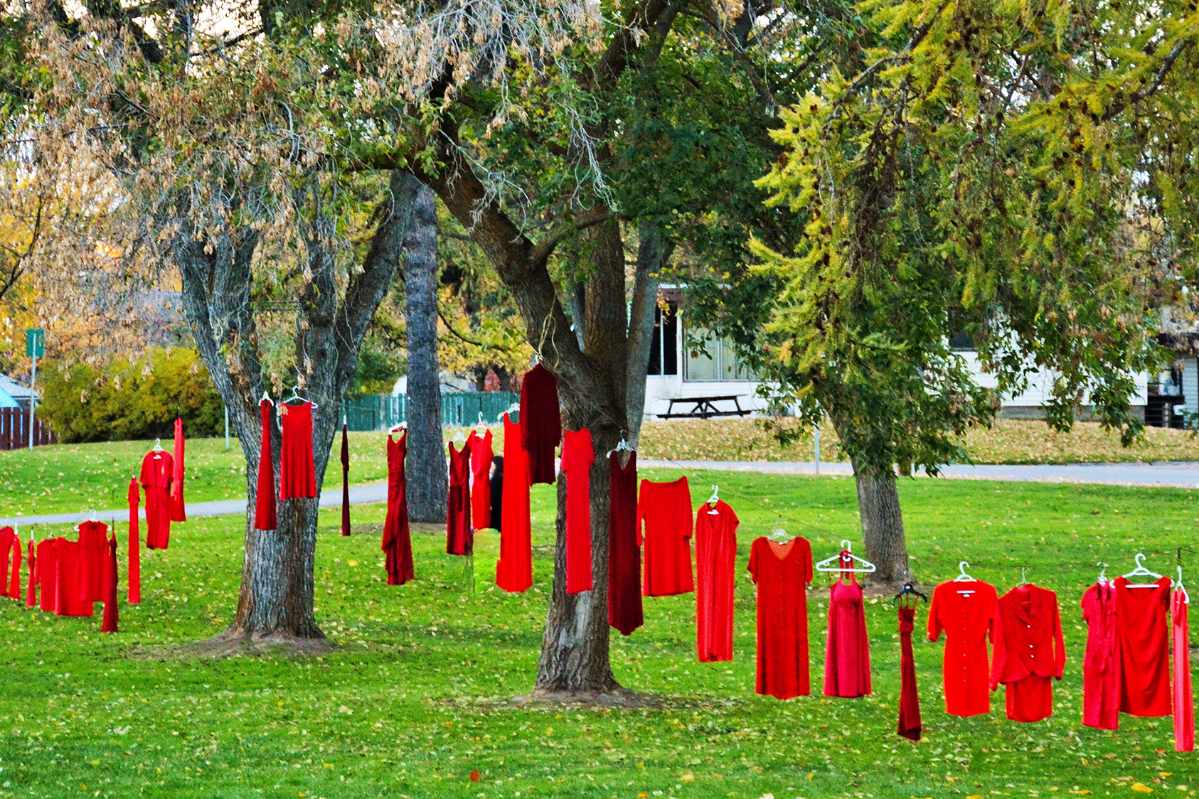 Red Dresses hanging on trees