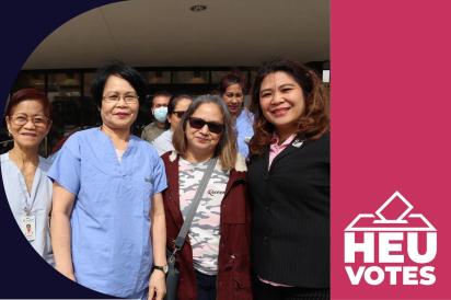 Text: HEU Votes; Image: HEU members standing together