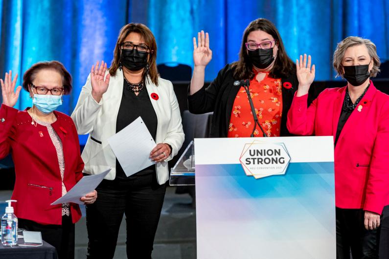 Betty, Meena, CUPE and Barb waving