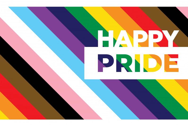 Image with text displaying "Happy Pride" and the colours of the progress flag in the background.